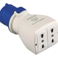 Adattatore industriale spina 16 A 2P+T e 2 prese bivalenti IP20 blu