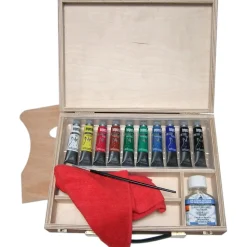 Cassetta in legno con colori a tempera assortiti