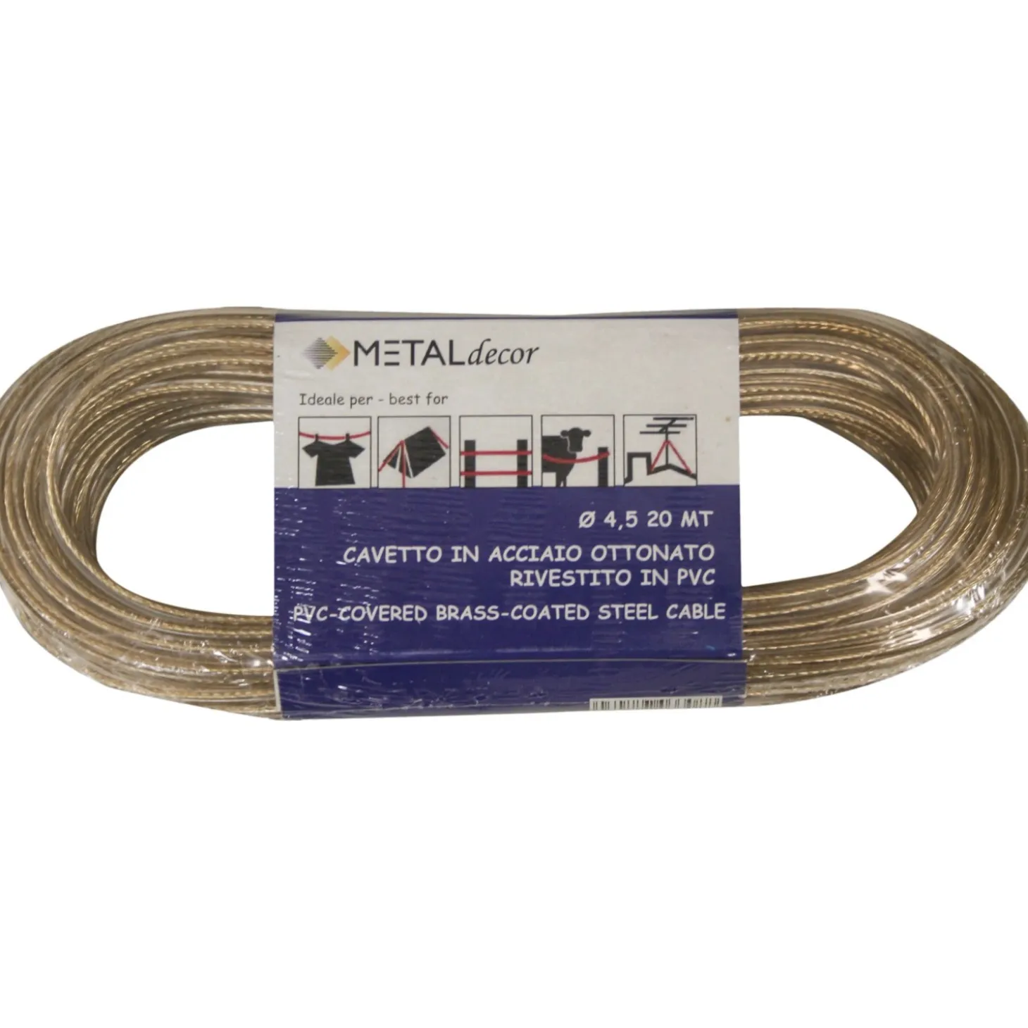 Cavetto in acciaio ottonato rivestito in pvc trasparente Ø 4,5 mm x 20 mt