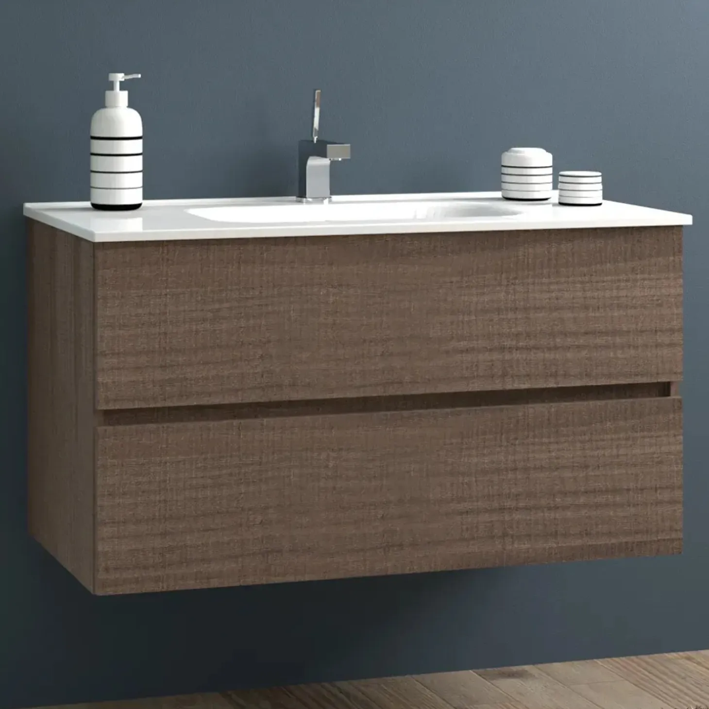 Mobile bagno base sospesa 2 cassetti lavabo in ceramica Monya 101x46 cm noce
