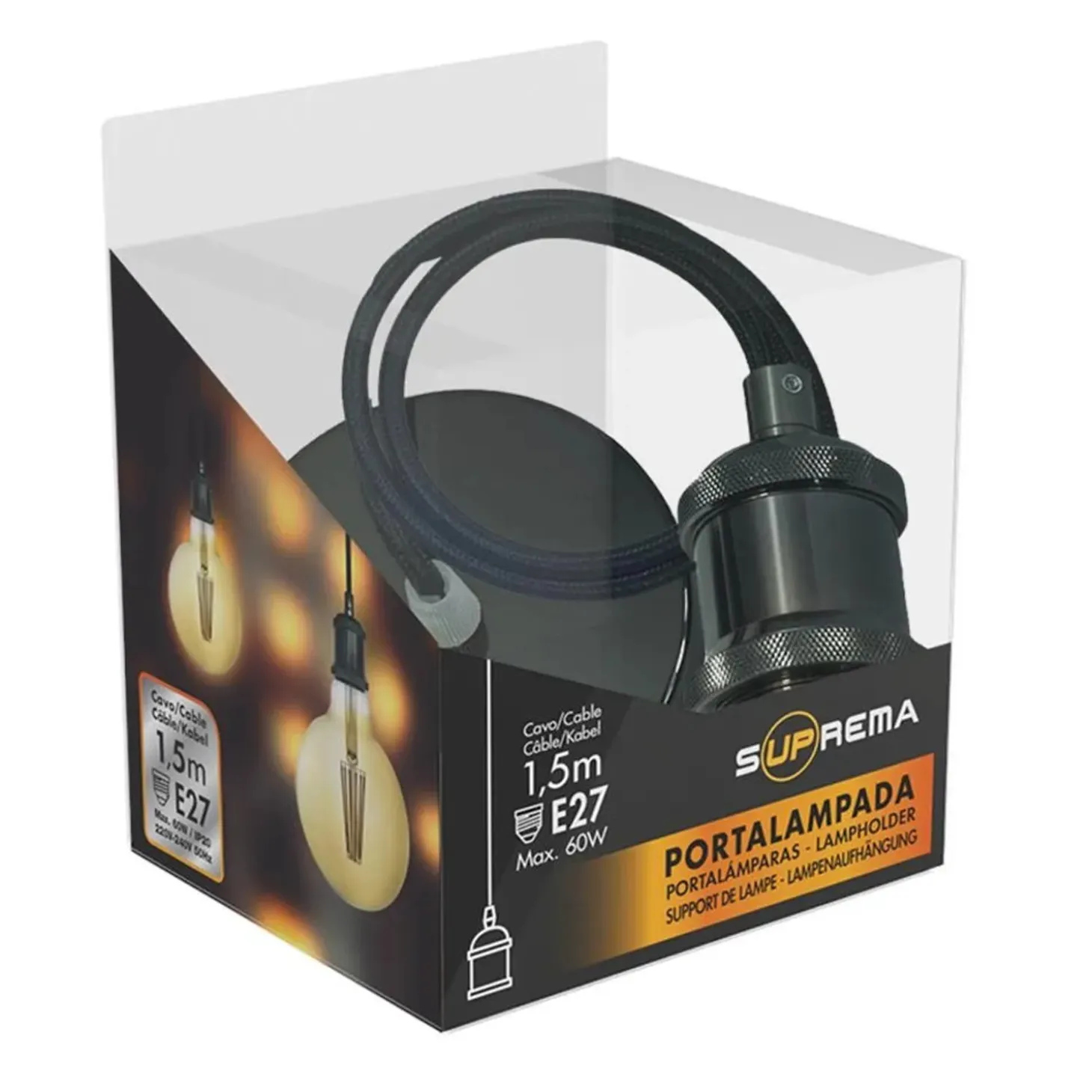 Portalampadina E27 sospeso nera 1,5 m max.60W