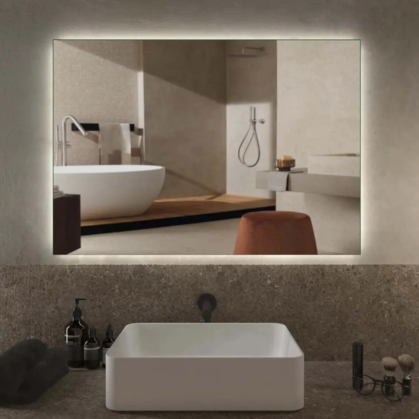 Specchio da bagno con illuminazione integrata rettangolare 100x70x2.5 cm