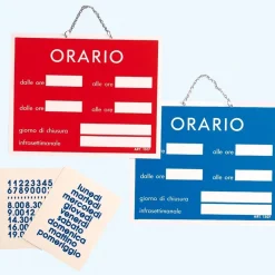Targa di informazione con catenella "Orario di lavoro" 15 x 11 cm blu