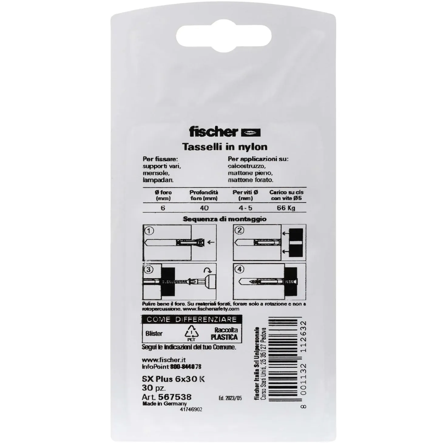Tassello a espansione in nylon Fischer SX Ø 6 mm 30 pz