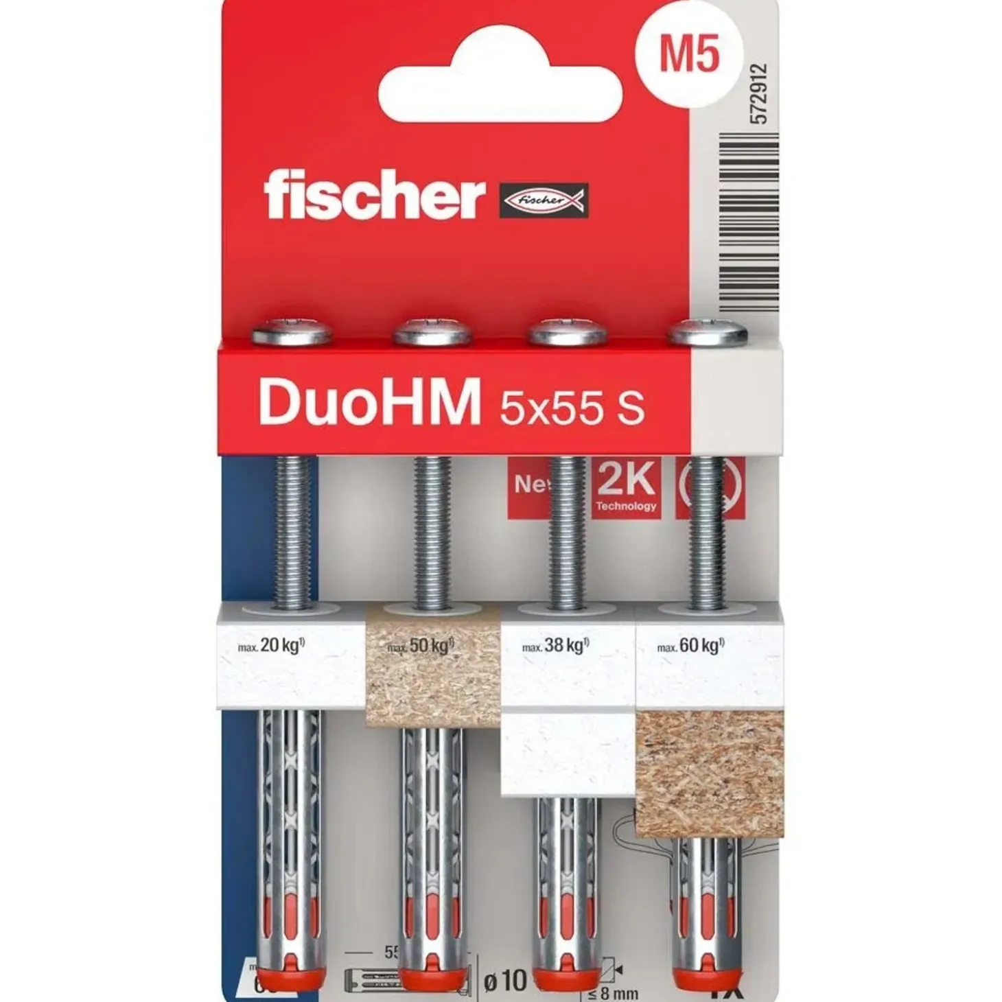 Tassello Fischer DuoHM 5x55 con vite foro Ø10 mm 4 pz confezione