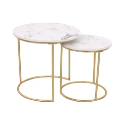 Tavolini tondi Rome bianco effetto marmo oro Set 2 pz